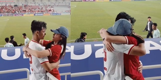 Intimate Portrait of Azizah Salsha Welcoming Pratama Arhan, Giving a Warm Hug After Indonesia Defeats South Korea in the 2024 Asian U-23 Cup