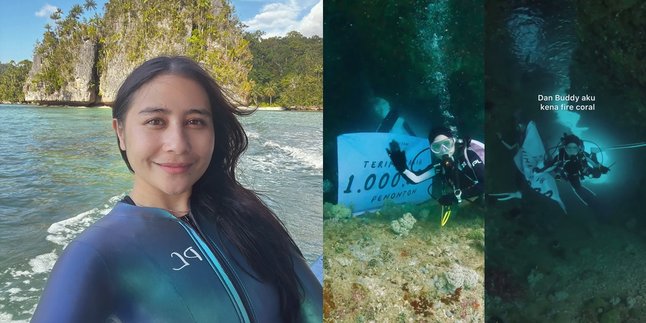 6 Portraits of Prilly Latuconsina Unfurling a Banner Underwater in Kaimana, Full of Challenges Against the Current - Hit by Fire Coral