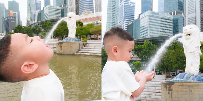 Rayyanza's Cute Pose in Front of the Merlion Statue, Netizens: Just Wudhu to Get to Singapore