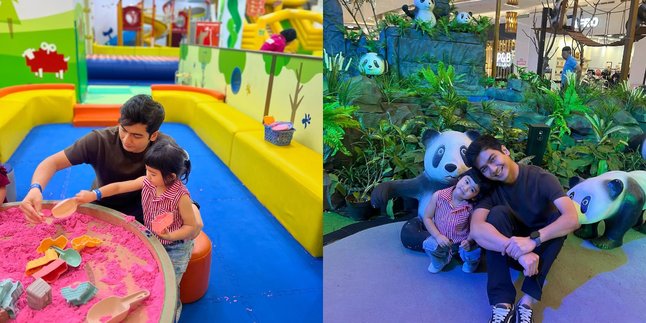 Portrait of Teuku Ryan Inviting Moana to Play at the Mall Playground, Fun Playing with Sand and Posing with a Panda