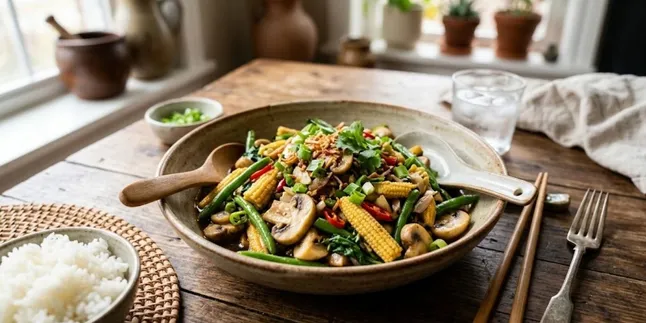 Sautéed Button Mushroom Recipe with Corn and Green Beans, A Practical Healthy Family Dish
