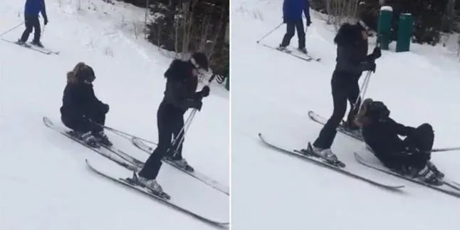Ups, Kim Kardashian Jatuh Saat Bermain Ski