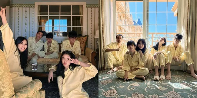 6 Potret Hesti Purwadinata Kembaran Piyama Bareng Suami dan Anak, Kuning-Kuning
