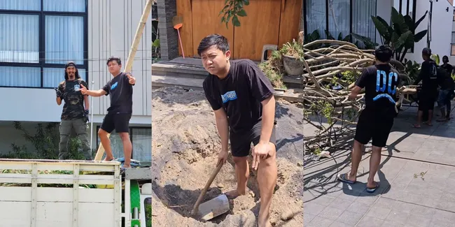 10 Potret Denny Caknan Ikut Gali Tanah - Gotong Pohon Saat Renovasi Taman, Komentar Bella Bonita Jadi Sorotan