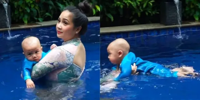 8 Potret Rayyanza Malik Ahmad Belajar Berenang, Gayanya Santai Banget