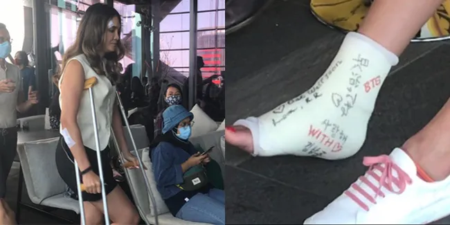 Army Sejati, Ini 10 Potret Luna Maya Hadiri Preskon Film 'SABAR INI UJIAN' Dengan Memakai Kruk dan GIPS Bertuliskan BTS