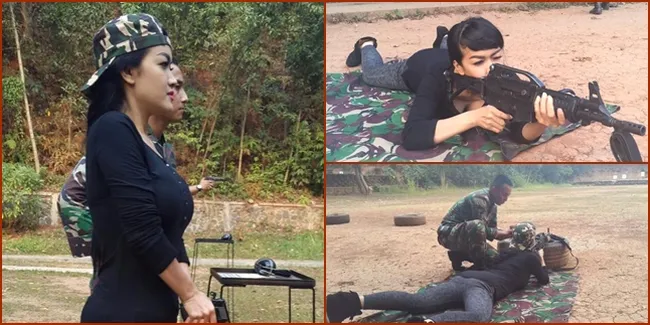 Latihan Nembak, Julia Perez Pakai Kaos Ketat Menggoda