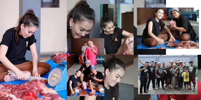 Senyum Cantik, 8 Potret Ayu Ting Ting Potong Daging Kurban - Duduk di Lantai
