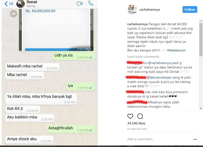 selebgram rachel vennya salah transfer beli donat rp 64 juta