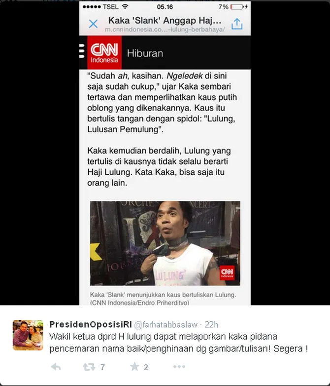 kaka slank \'tampar\' haji lulung, farhat abbas tak terima!