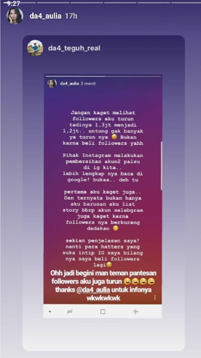 followers instagram berkurang aulia da4 beri penjelasan lewat insta stories - followers instagram berkurang 2019