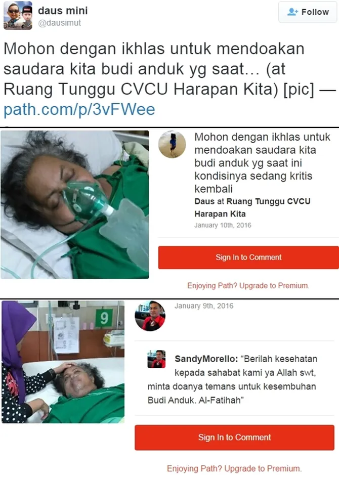 Dalam keadaan kritis, Budi Anduk dibawa ke rumah sakit 
