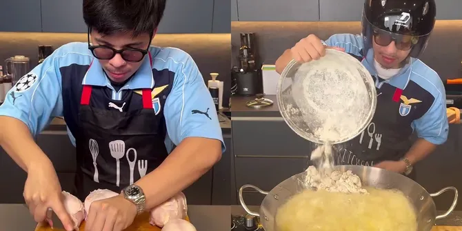 7 Potret Atta Halilintar Masak untuk Dibagikan di Jumat Berkah, Goreng Ayamnya Pakai Helm