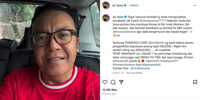 Ari Lasso Ucap Terima Kasih Usai Shin Tae Yong Diberhentikan Jadi Pelatih Timnas, Ungkapan Hatinya Picu Komentar Liar Netizen