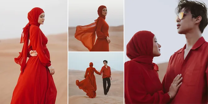 7 Foto Dinda Hauw dan Rey Mbayang Jalani Pemotretan di Gurun Pasir Dubai, Serasi dengan Baju Merah