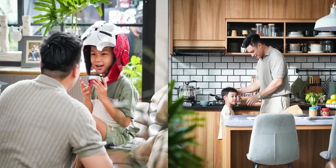 7 Potret Baim Wong Syuting Iklan Ditemani Kedua Buah Hatinya, Sempat Peluk dan Gendong Saat Break 