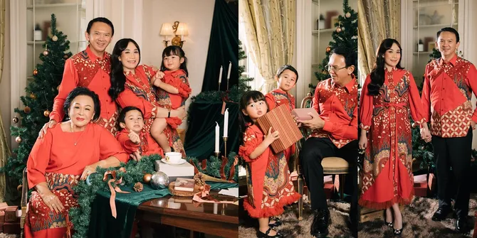 8 Potret Pemotretan Natal Ahok dan Puput, Merah Meriah - Anak-anak Bahagia Tukar Kado