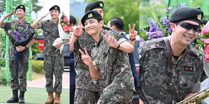 8 Potret RM dan V BTS Resmi Selesai Wamil, Full Senyum Sapa ARMY di Depan Markas Militer Chuncheon