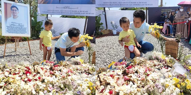 Celana Kiano Jadi Sorotan Netizen, 8 Potret Baim Wong Ziarah Bareng Putra Sulungnya ke Makam Mendiang Eril