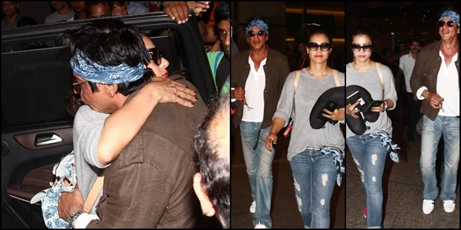 Foto-Foto Kepulangan Kajol & SRK, Sempat Pelukan Mesra di Bandara