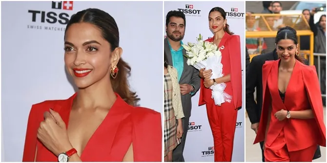 Pamer Cleavage, Deepika Padukone Menawan Dengan Suit Merah Merona