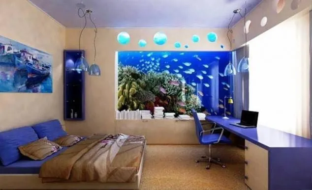 Inspirasi Desain Interior Unik Memadukan Aquarium Sebagai Hiasan Desain Interior R Tidur Yang Menarik Unik Dan Nyaman