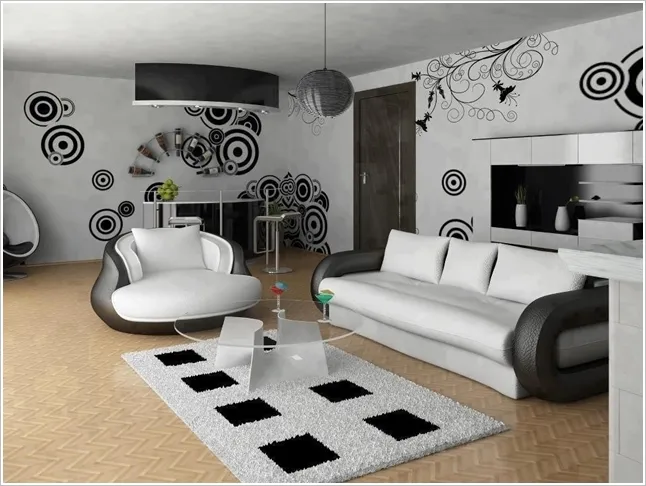 Inspirasi Desain Ruang Tamu Serba Hitam Putih Vemale Ruang Tamu Dengan Wallpaper Artistik Namun Tetap Memegang Tema Black And White