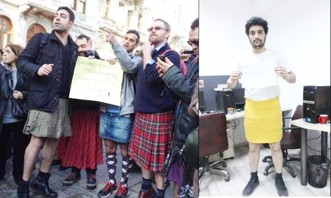 Para pria memakai rok menjadi TT di twitter dengan hashtag  #ozgecanicinminietekgiy | foto: copyright independent.co.uk