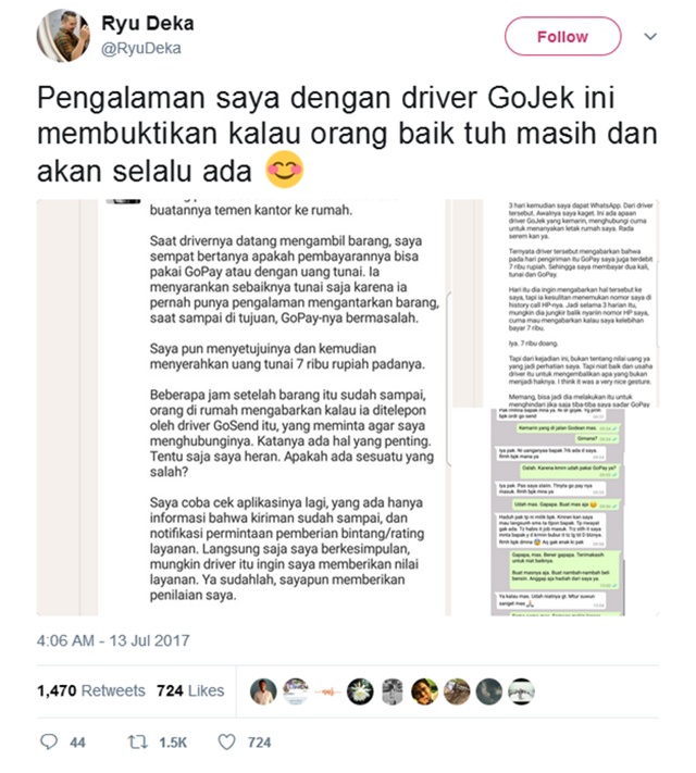 Cuitan Deka mengenai sikap jujur driver ojek online Go-jek | Copyright twitter.com/RyuDeka