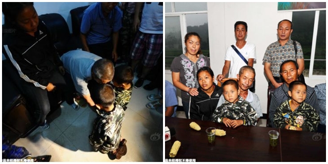 Dua putra Yanhong memberi hormat pada Zuming (kiri). Bertemu lagi dengan keluarga (kanan). | Foto: copyright english.sina.com