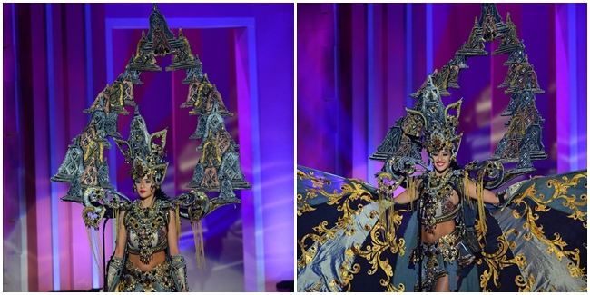 Elvira dalam kostum yang akhirnya memenangkan Best National Costume Miss Universe 2015. | Foto: copyright justjared.com
