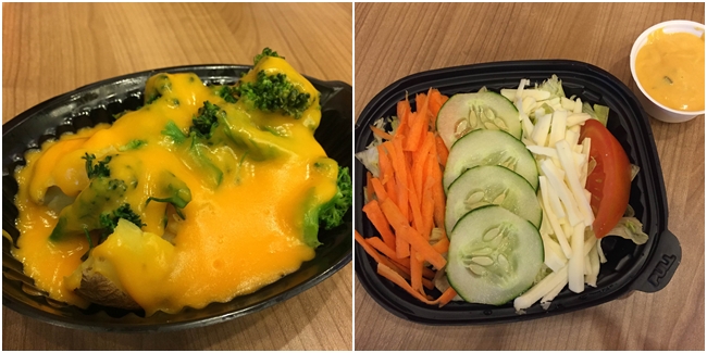Bag potato broccoli and cheese Rp 33.636 (kiri). Salad Rp 18.182 (kanan). | Foto: dok. Vemale