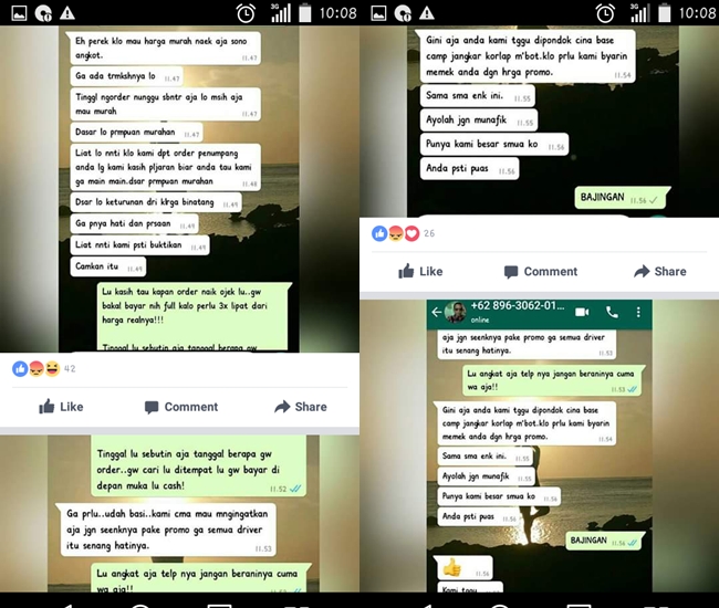 Chat driver Grab yang menyebut dirinya Mbot Jangkar dan pelanggannya. | Foto: screenshot Facebook
